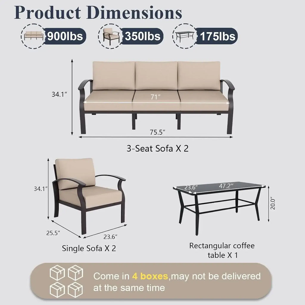 Beige cushioned outdoor sectional sofa set with dark aluminum frame for patio furniture use