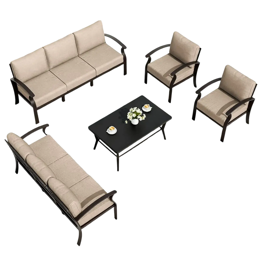 Beige cushioned outdoor sectional sofa set with dark brown aluminum frame for patio furniture use