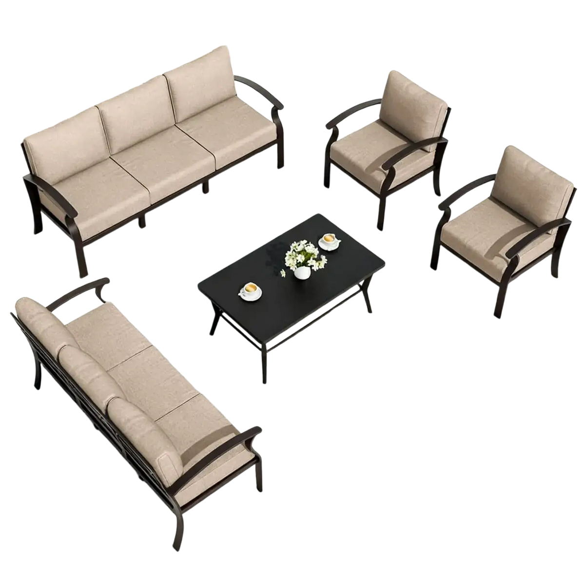 Beige cushioned outdoor sectional sofa set with dark brown aluminum frame for patio furniture use