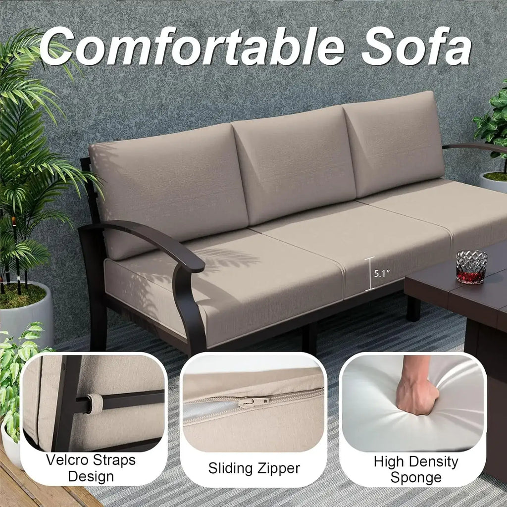 Beige outdoor sectional patio furniture with dark brown aluminum frame and cushioned seating for outdoor use