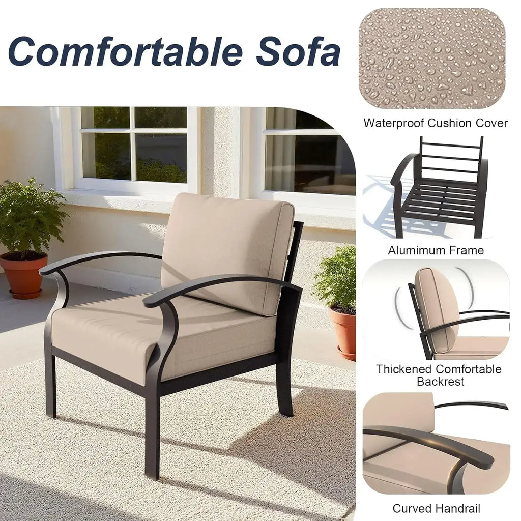 Beige waterproof cushioned outdoor sectional armchair with black aluminum frame and curved handrails for patio furniture