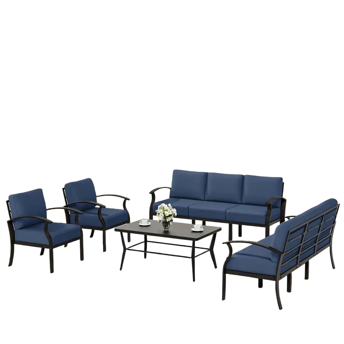 Blue cushioned outdoor sectional patio furniture set with aluminum frame and black metal accents for outdoor use
