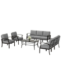 Gray cushioned outdoor sectional patio furniture set with aluminum frame and black metal accents for outdoor use