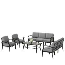 Gray cushioned outdoor sectional patio furniture set with aluminum frame and black metal accents for outdoor use