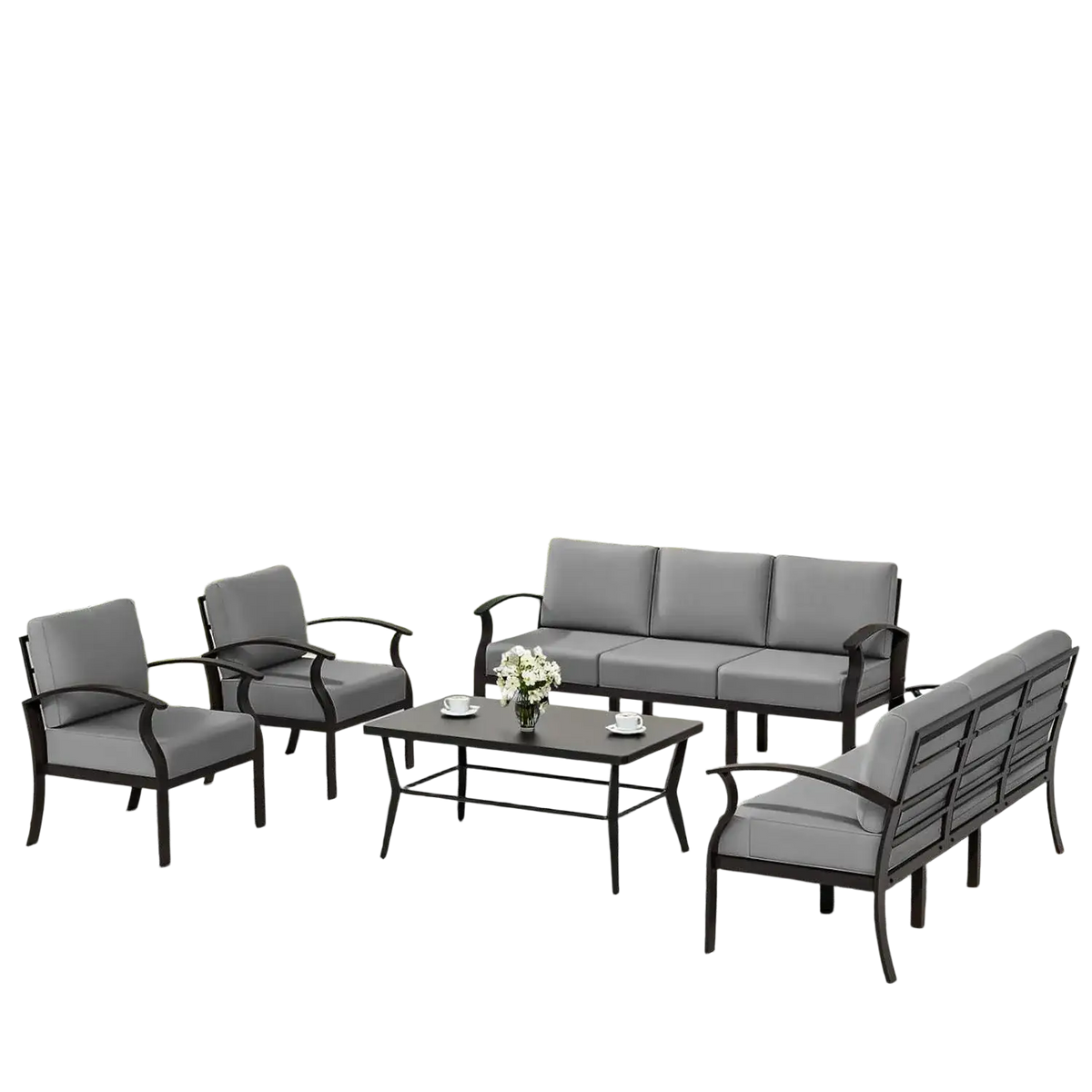 Gray cushioned outdoor sectional patio furniture set with aluminum frame and black metal accents for outdoor use