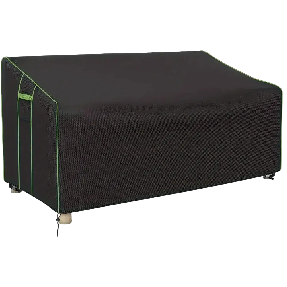 Black heavy duty waterproof outdoor sofa cover with green stitching and a small front pocket for patio use