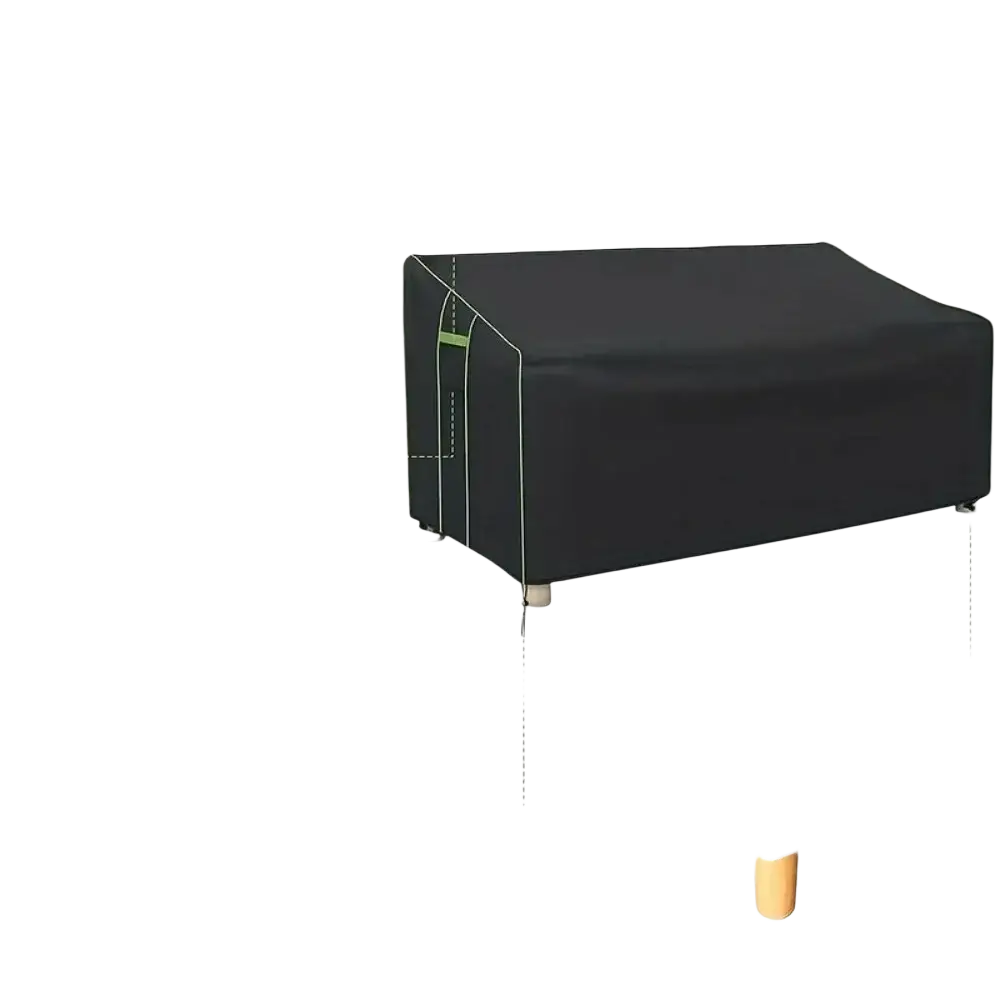 Black heavy duty waterproof outdoor sofa cover with green handles and adjustable hem cord for patio protection