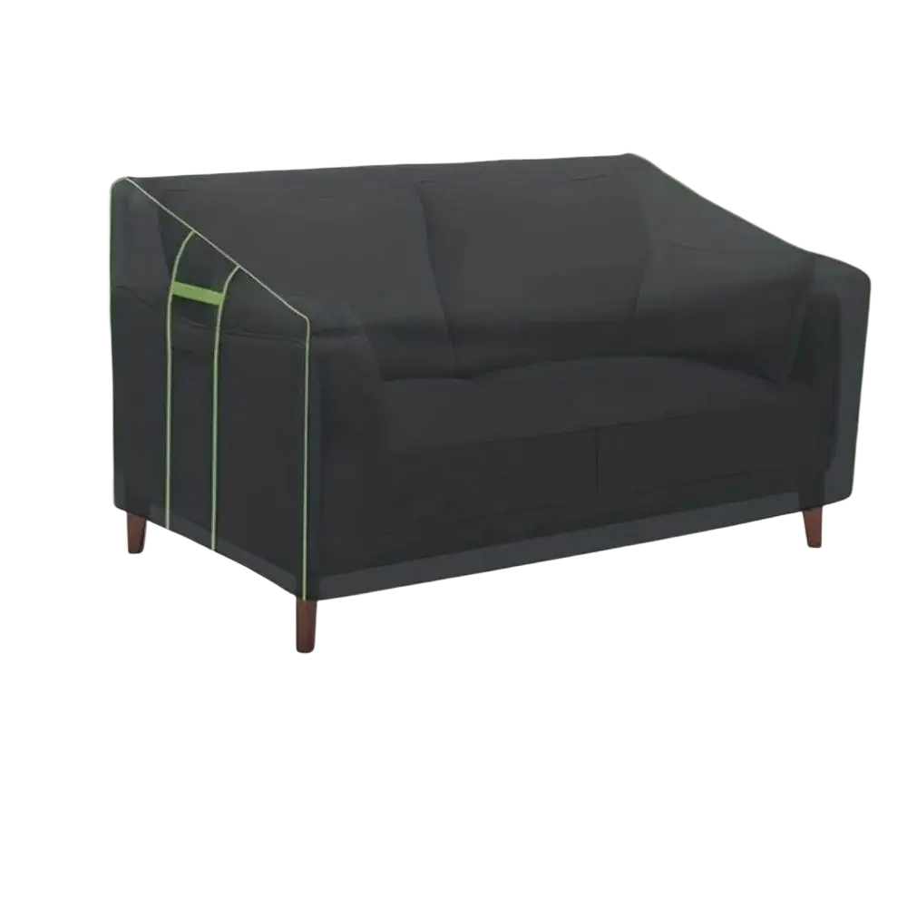 Black fabric outdoor sofa cover with green stitching and wooden legs designed for a 30 x 60 x 35 two-seater sofa