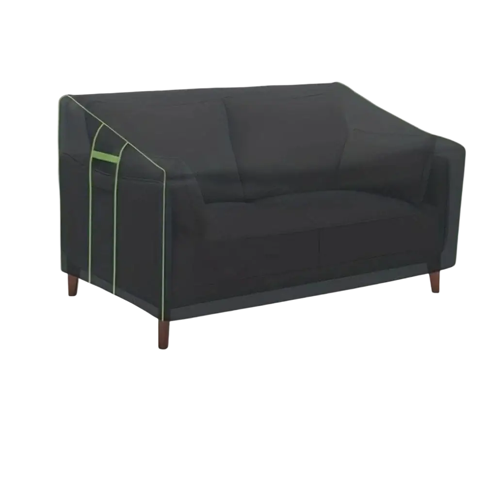 Black fabric outdoor sofa cover with green stitching and side pocket heavy duty waterproof patio protector
