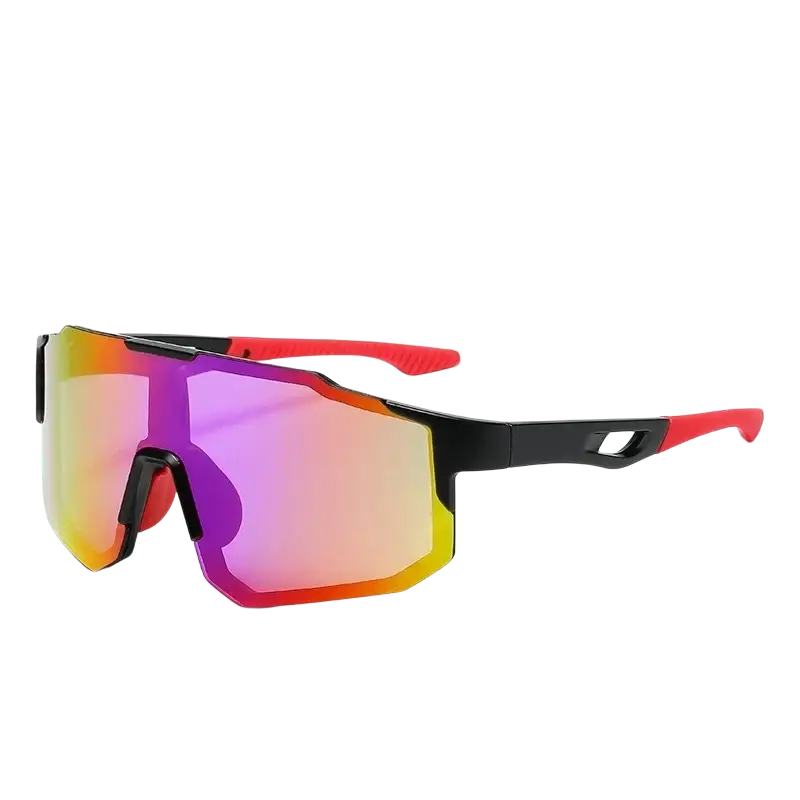 Outdoor sports circle sunglasses with black and red frame and uv400 vibrant purple to orange gradient lens