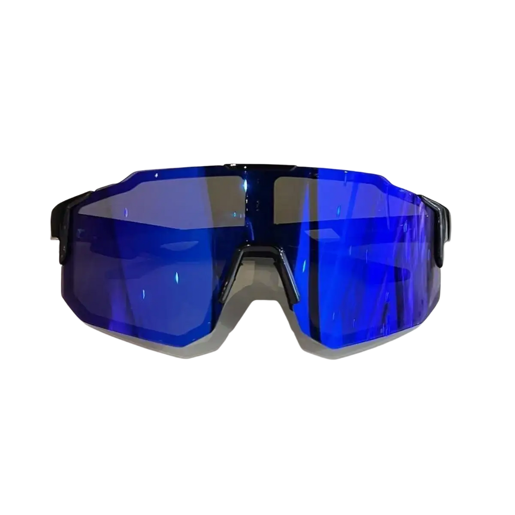 Outdoor sports cycling sunglasses with blue mirrored lenses and sleek black frame designed for UV400 protection