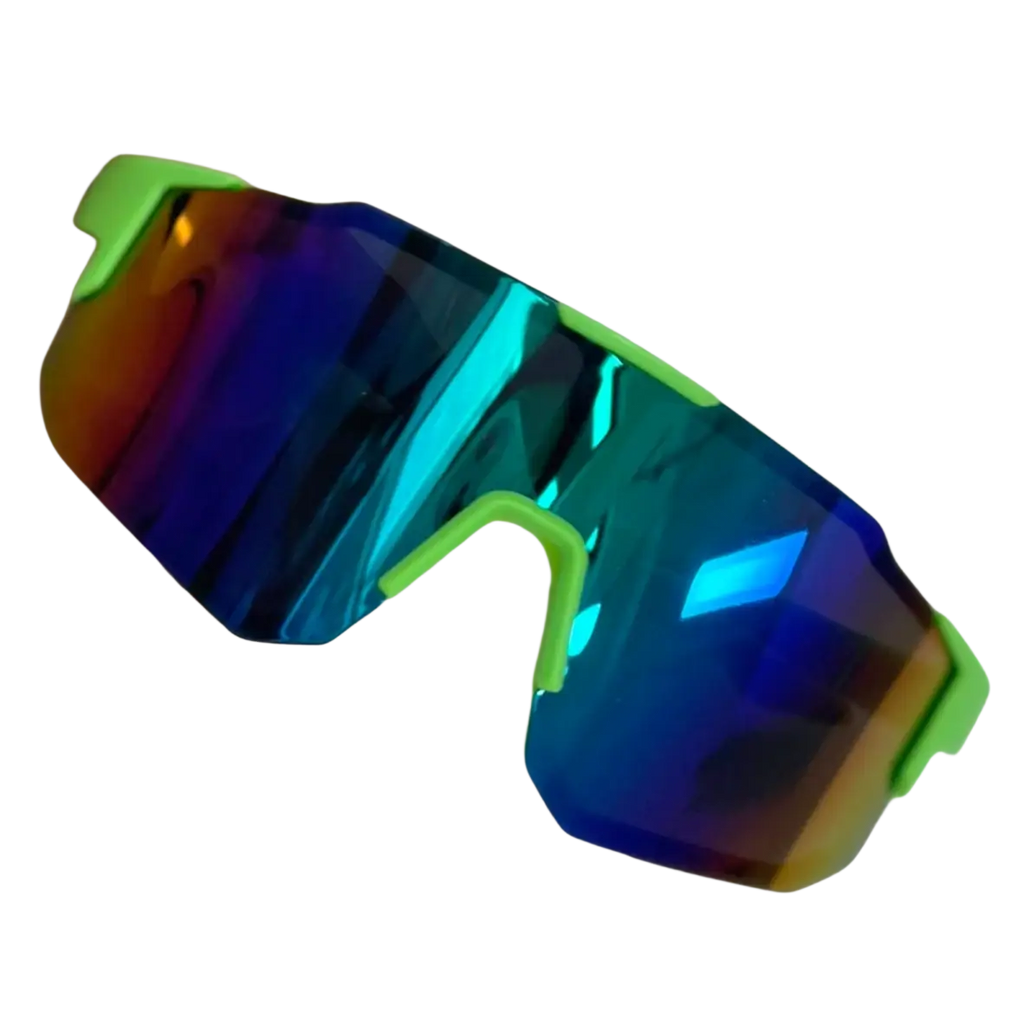Bright green-framed outdoor sports cycling sunglasses with uv400 protection and iridescent multicolored reflective lenses
