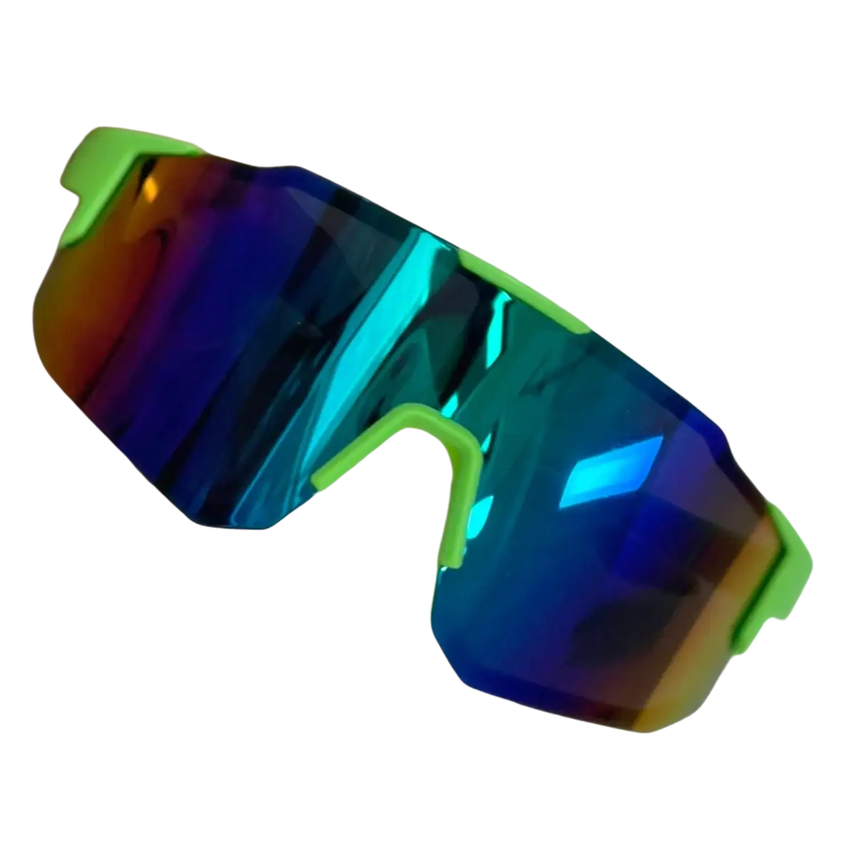 Bright green-framed outdoor sports cycling sunglasses with uv400 protection and iridescent multicolored reflective lenses