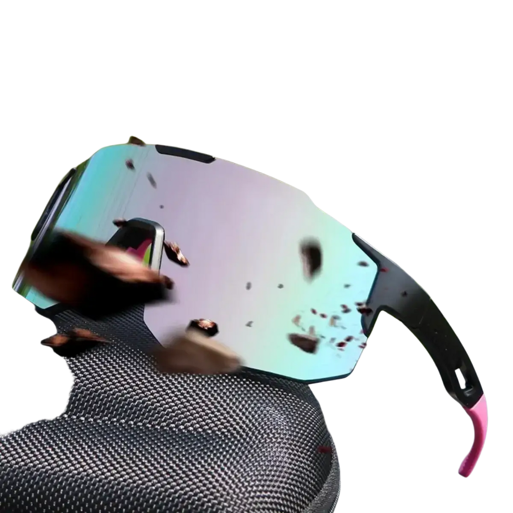 Outdoor sports cycling sunglasses with sleek black frame, pink temple tips, and teal silver reflective lenses uv400 protection