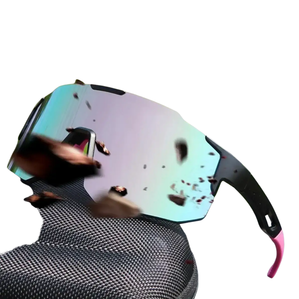 Outdoor sports cycling sunglasses with sleek black frame, pink temple tips, and teal silver reflective lenses uv400 protection