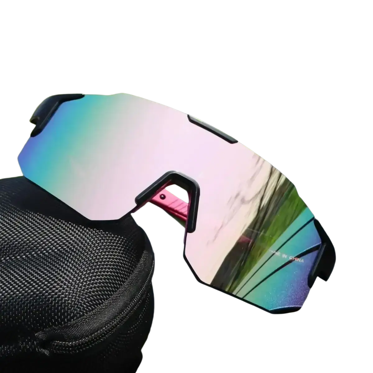 Pink and black outdoor sports cycling sunglasses with uv400 iridescent reflective lens and circle sunglasses design