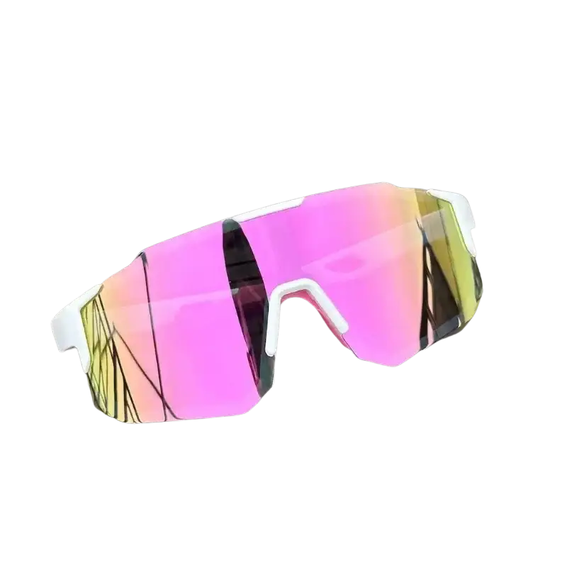 Outdoor sports cycling sunglasses with vibrant pink and yellow gradient mirrored lenses and a white frame uv400 protection