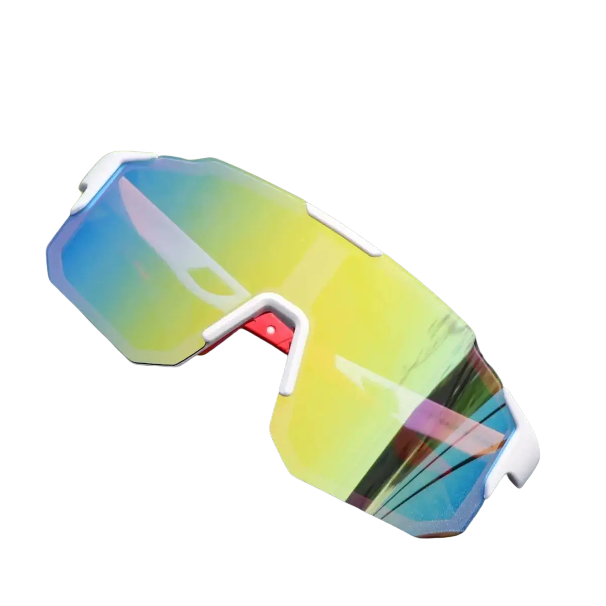 White-framed outdoor sports circle sunglasses with uv400 protection and vibrant iridescent blue and yellow lens