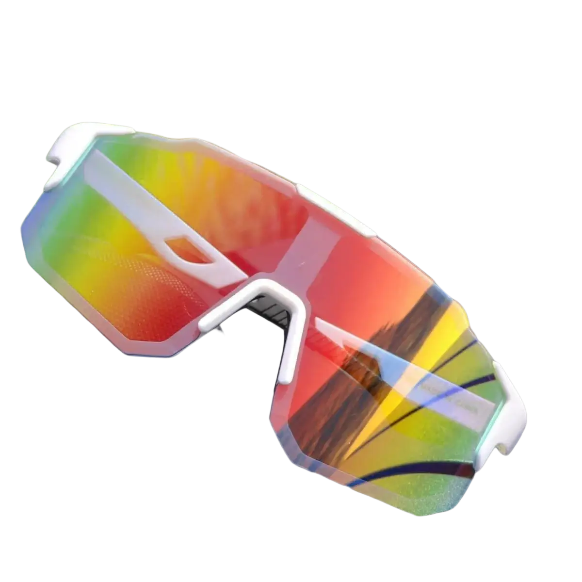 White-framed outdoor sports cycling sunglasses with uv400 iridescent rainbow lenses reflecting red yellow and green hues