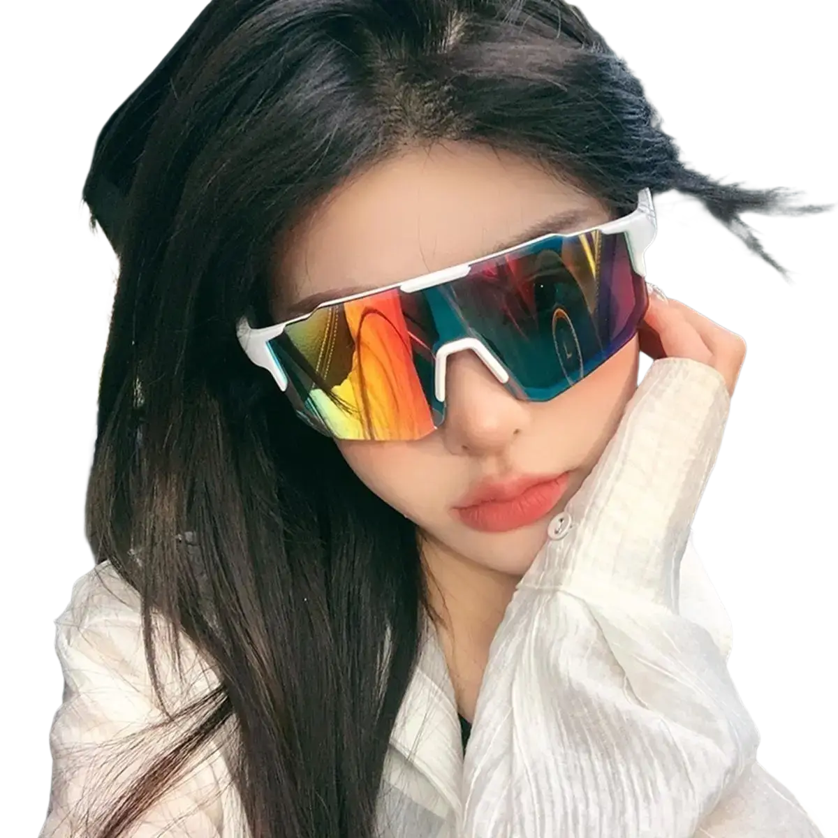 White-framed outdoor sports cycling sunglasses with uv400 protection and iridescent rainbow circle sunglasses lenses