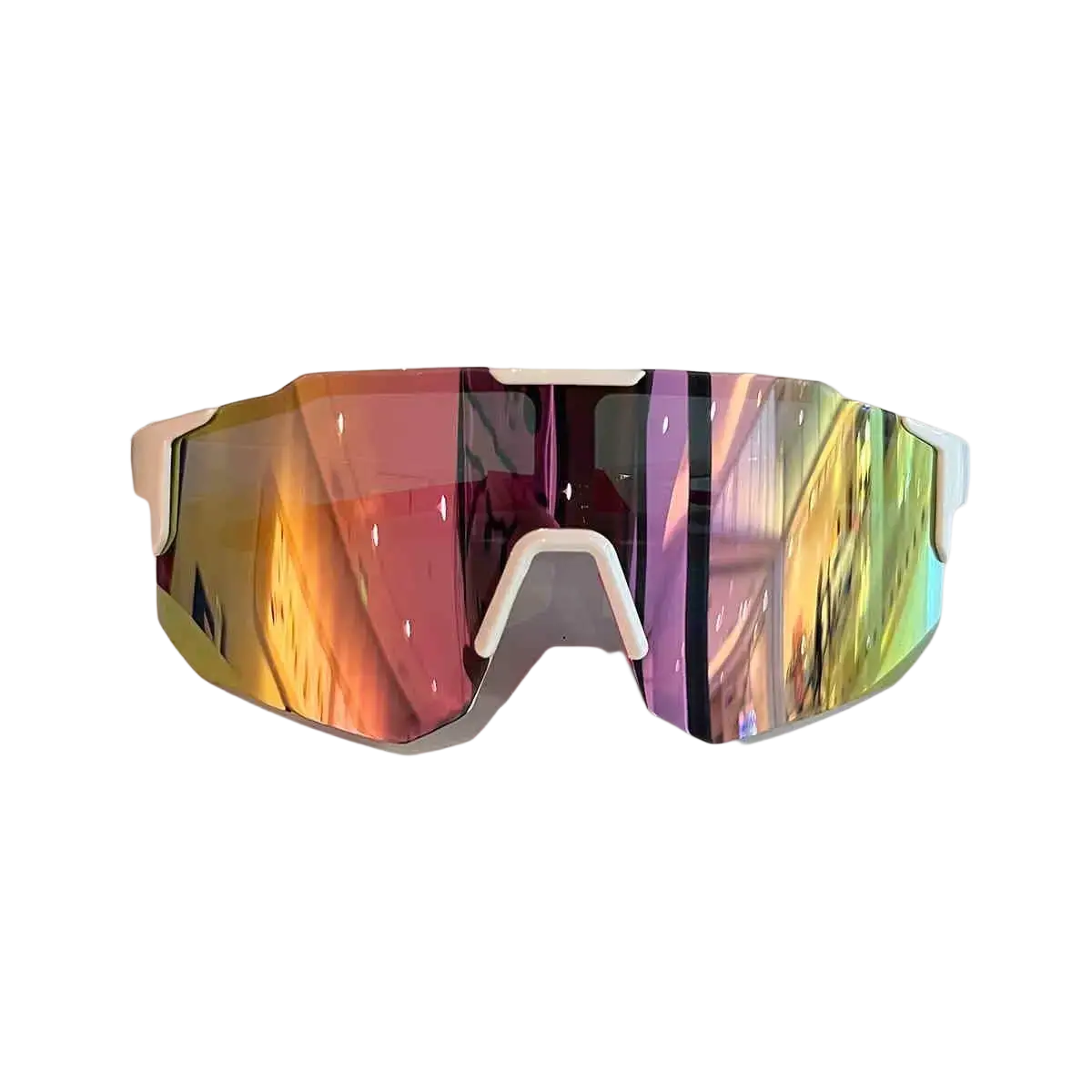White-framed outdoor sports cycling circle sunglasses with uv400 protection and iridescent rainbow mirrored lenses