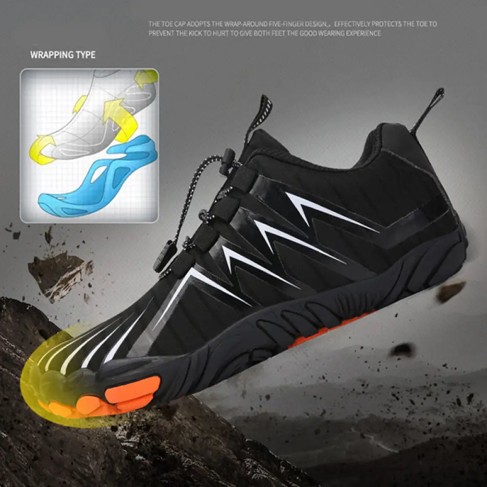 Black breathable five finger quick dry water sports shoe with white lightning bolt accents and orange toe caps