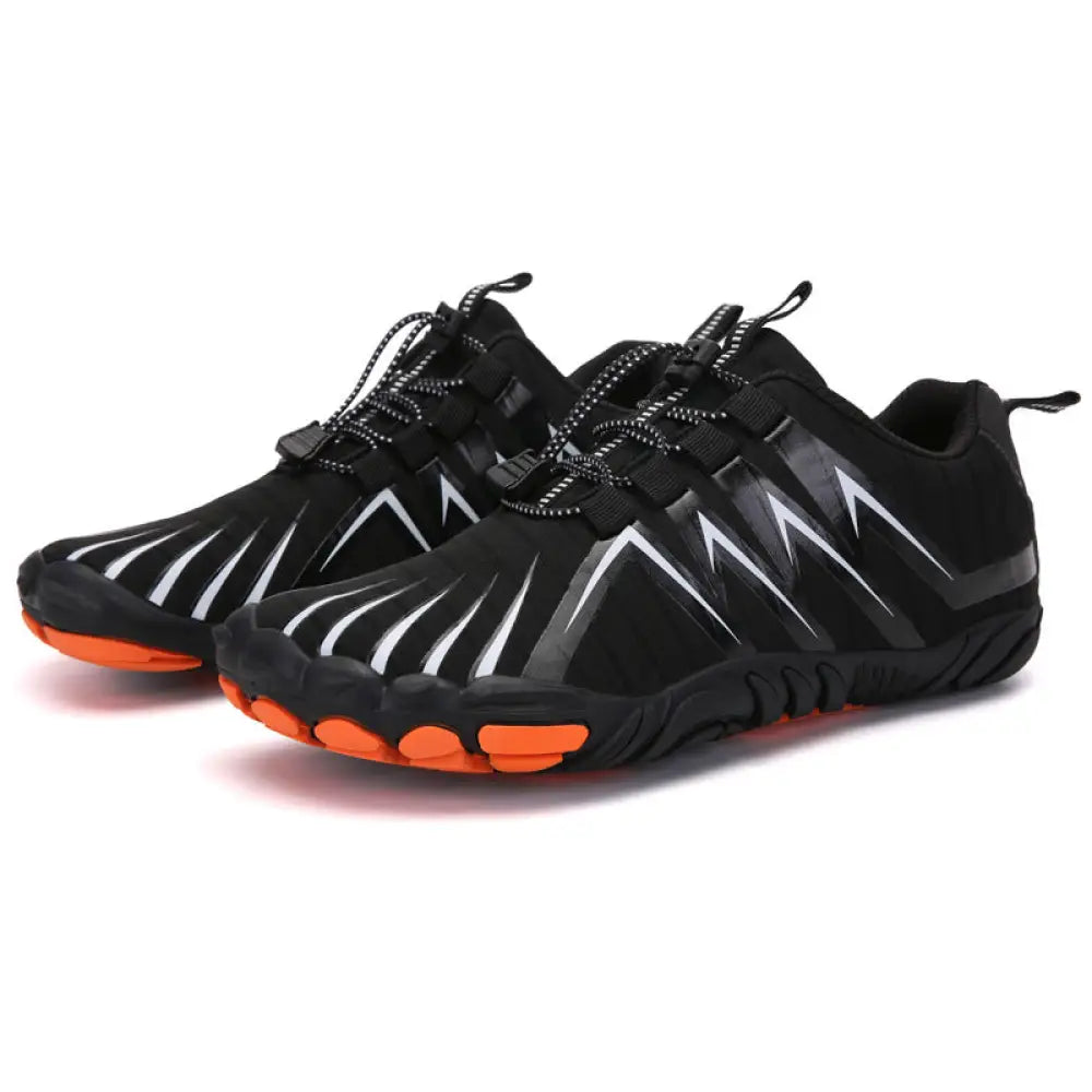 Breathable black and orange five finger quick dry water sports shoes with white lightning bolt accents on the side