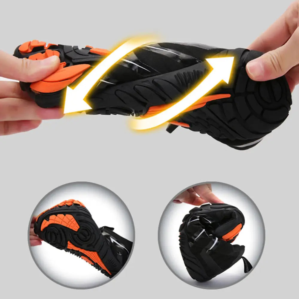 Breathable five finger quick dry water sports shoe in black and orange with a flexible contoured sole design