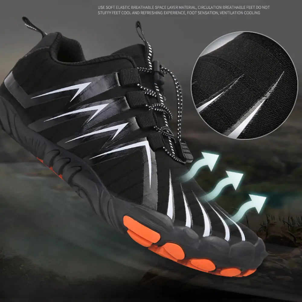 Breathable black and orange five-finger quick dry water sports shoes with white lightning bolt accents and mesh upper