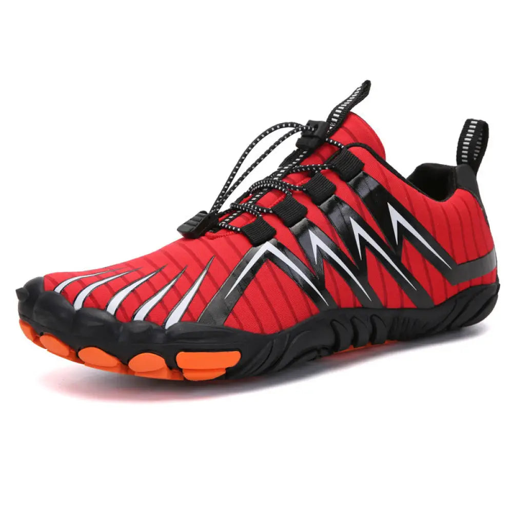 Breathable red and black five-finger quick dry water sports shoe with orange sole accents for enhanced performance