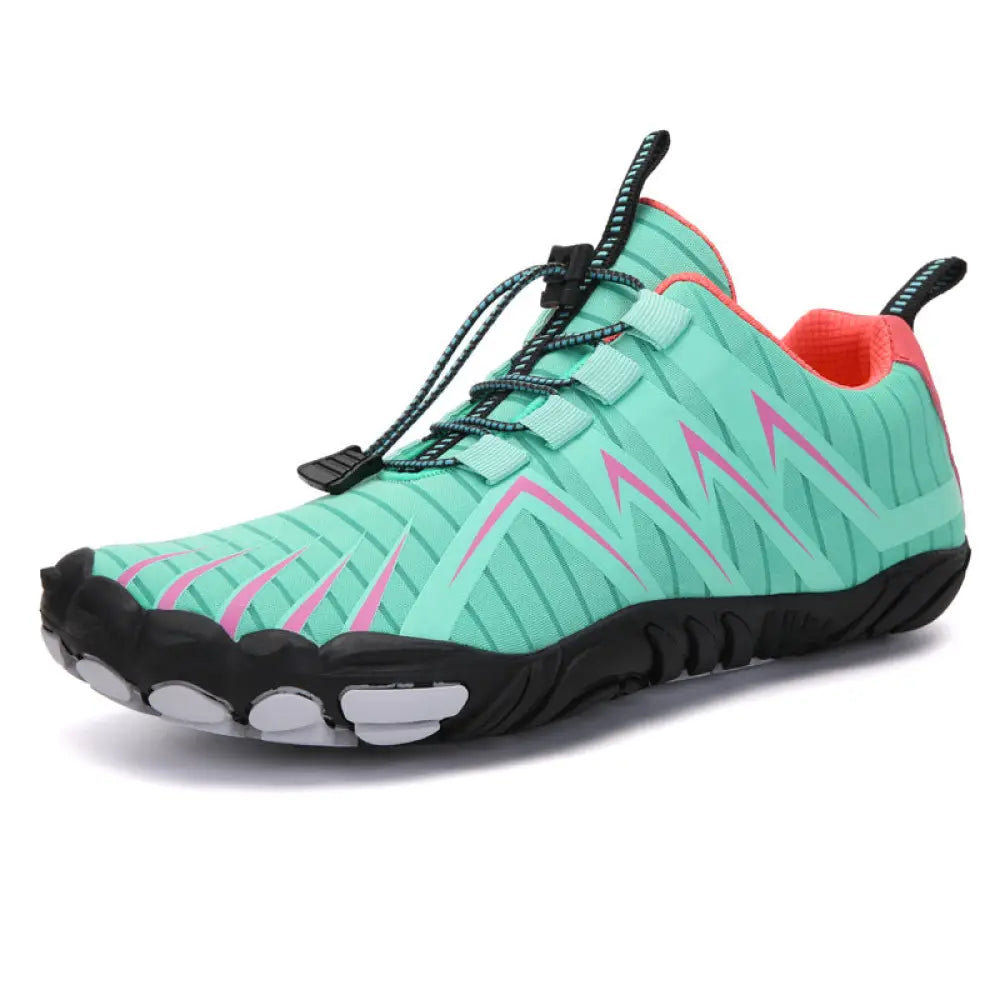 A mint green and pink breathable five finger quick dry water sports shoe with black laces and rubber sole