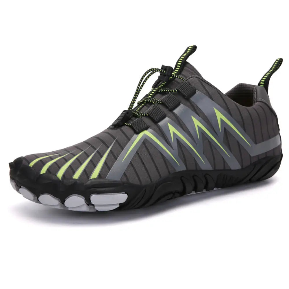 Breathable five finger quick dry water sports shoe in black and neon green with textured upper and white toe caps