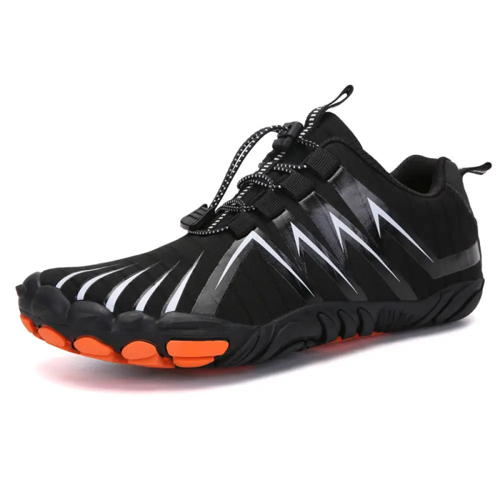 Breathable black five finger quick dry water sports shoes with white zigzag accents and bright orange toe caps