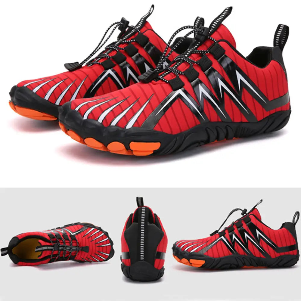 Breathable five finger quick dry water sports shoes in red and black with orange sole accents and toe separation