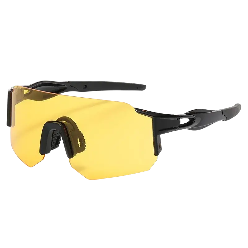 Outdoor sports shield sunglasses for men and women with black frames and vibrant yellow aerodynamic lenses