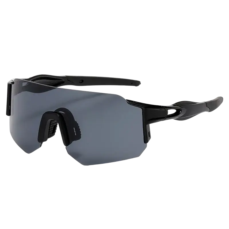 Black sport sunglasses with sleek aerodynamic frames and dark gray lenses designed for outdoor sports use