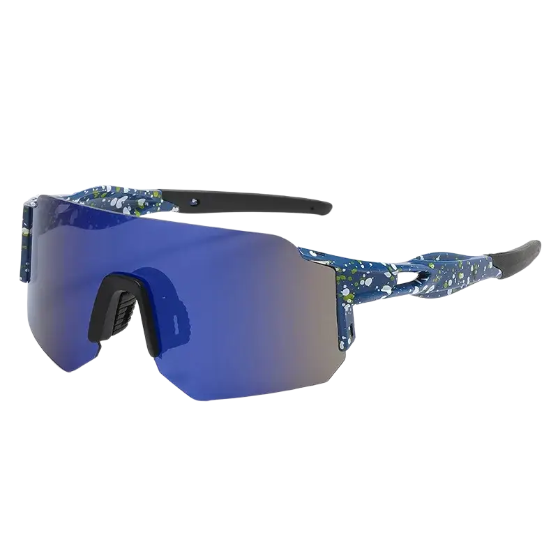 Outdoor sports shield sunglasses for men and women with blue mirrored lenses and speckled blue and green frame