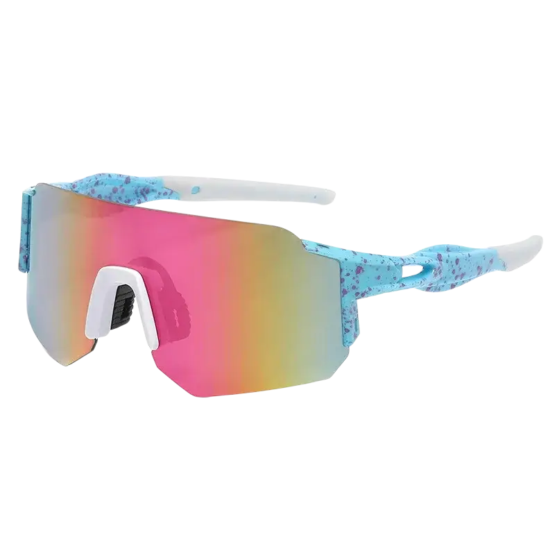 Outdoor sports shield sunglasses for men and women with blue speckled frames and gradient pink gold reflective lens