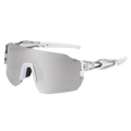 Outdoor sports shield sunglasses for men and women with clear frames, reflective silver lens, and white nose bridge
