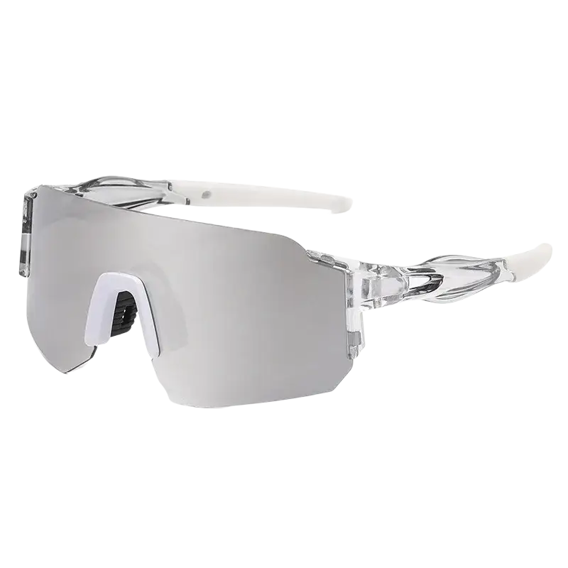 Outdoor sports shield sunglasses for men and women with clear frames, reflective silver lens, and white nose bridge
