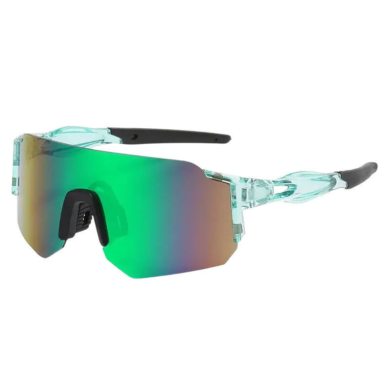 Clear-framed outdoor sports shield sunglasses with gradient green and orange mirrored lenses for men and women