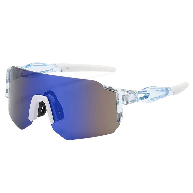 Outdoor sports shield sunglasses with clear frames, gradient blue mirrored lenses, and white nose bridge for men and women