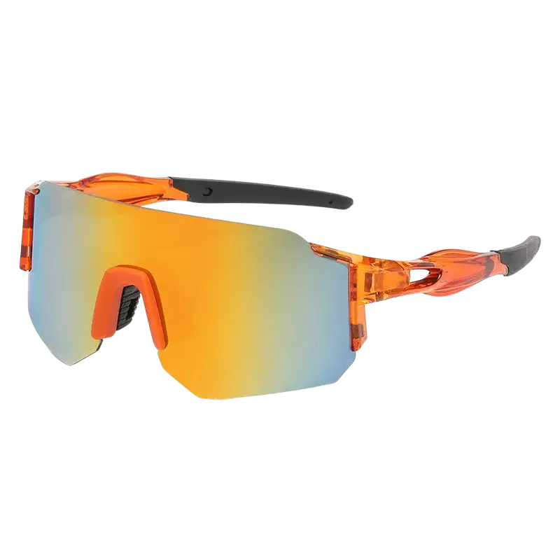 Outdoor sports shield sunglasses with orange-tinted frame, gradient mirrored lens, and black temple tips for men and women