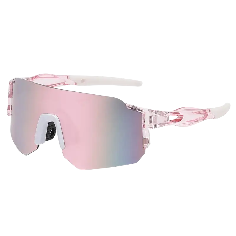Pink mirrored outdoor sports shield sunglasses with translucent frame and white nose bridge for men and women