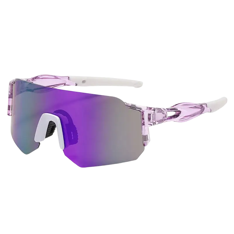 Purple gradient mirrored outdoor sports shield sunglasses with translucent pink and white frames for men and women