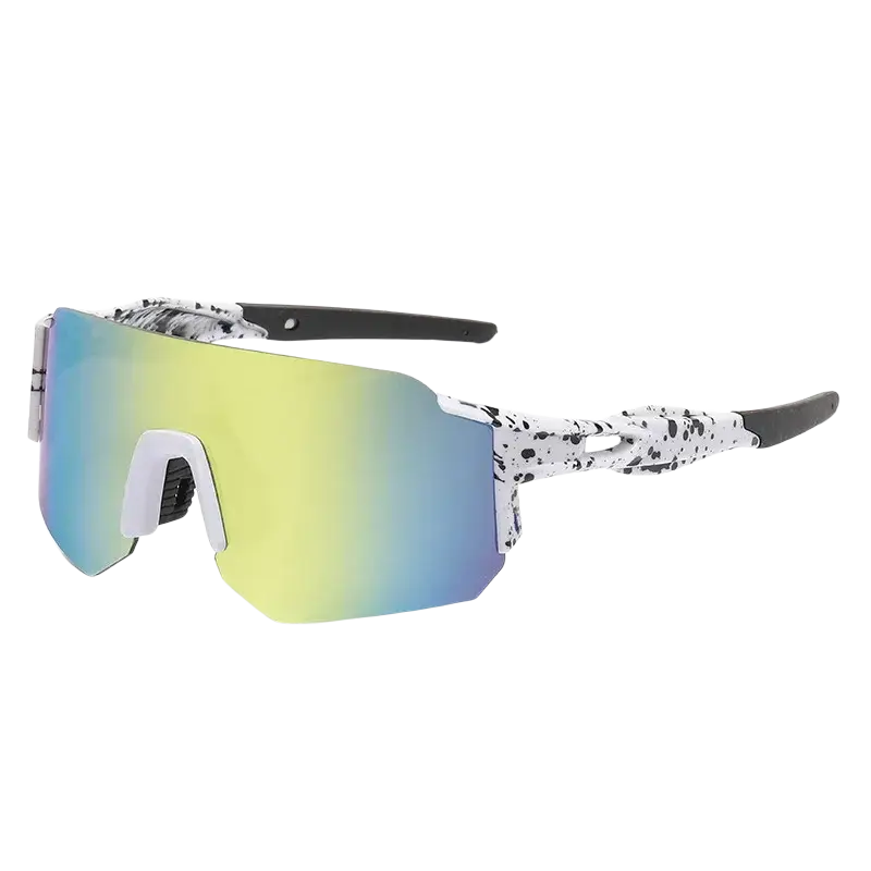 Outdoor sports shield sunglasses for men and women with white and black speckled frame and blue to yellow gradient lens