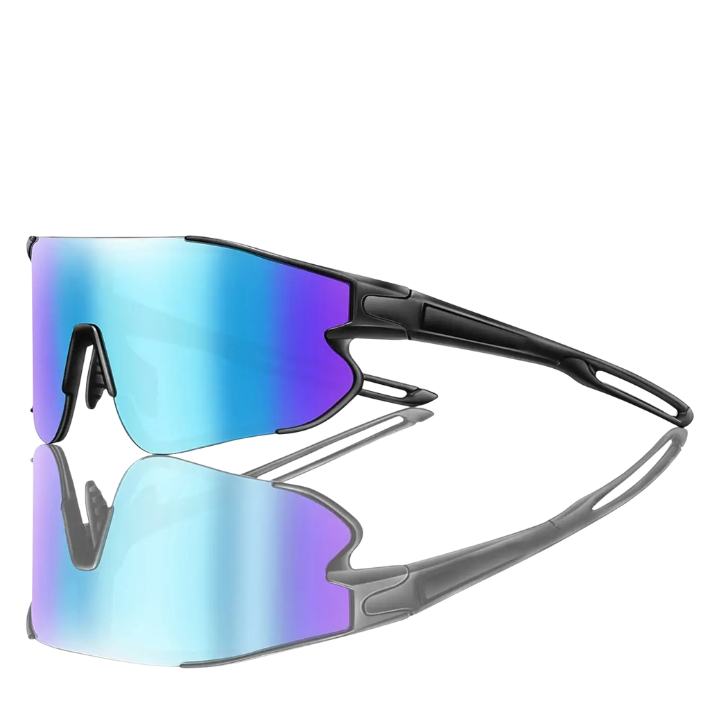 Black-framed outdoor sports sunglasses with iridescent blue and purple gradient lenses for cycling eyewear