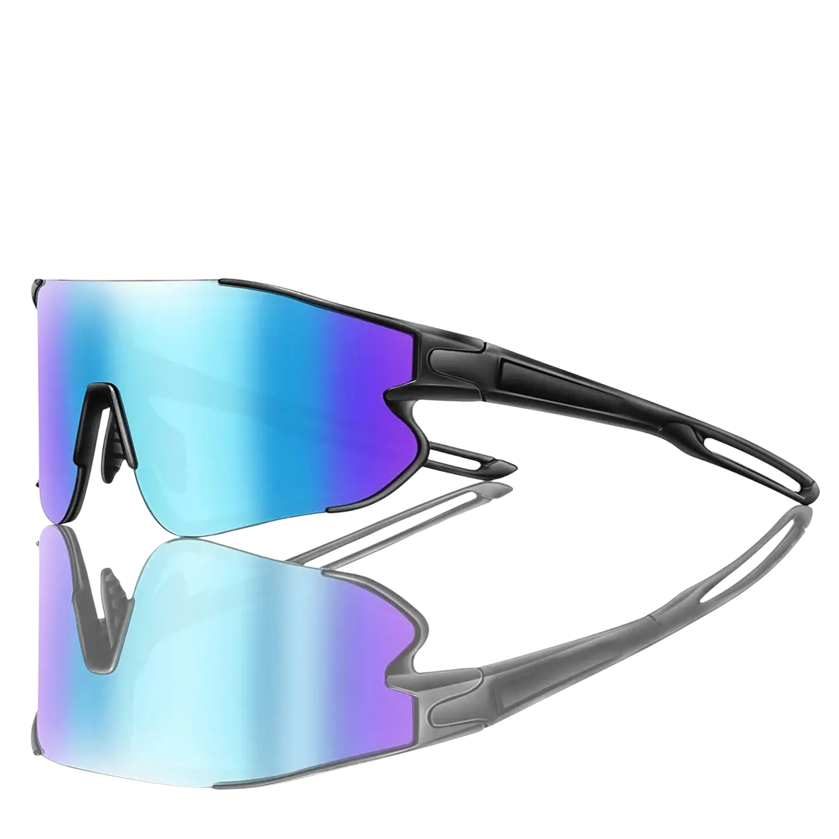 Black-framed outdoor sports sunglasses with iridescent blue and purple gradient lenses for cycling eyewear