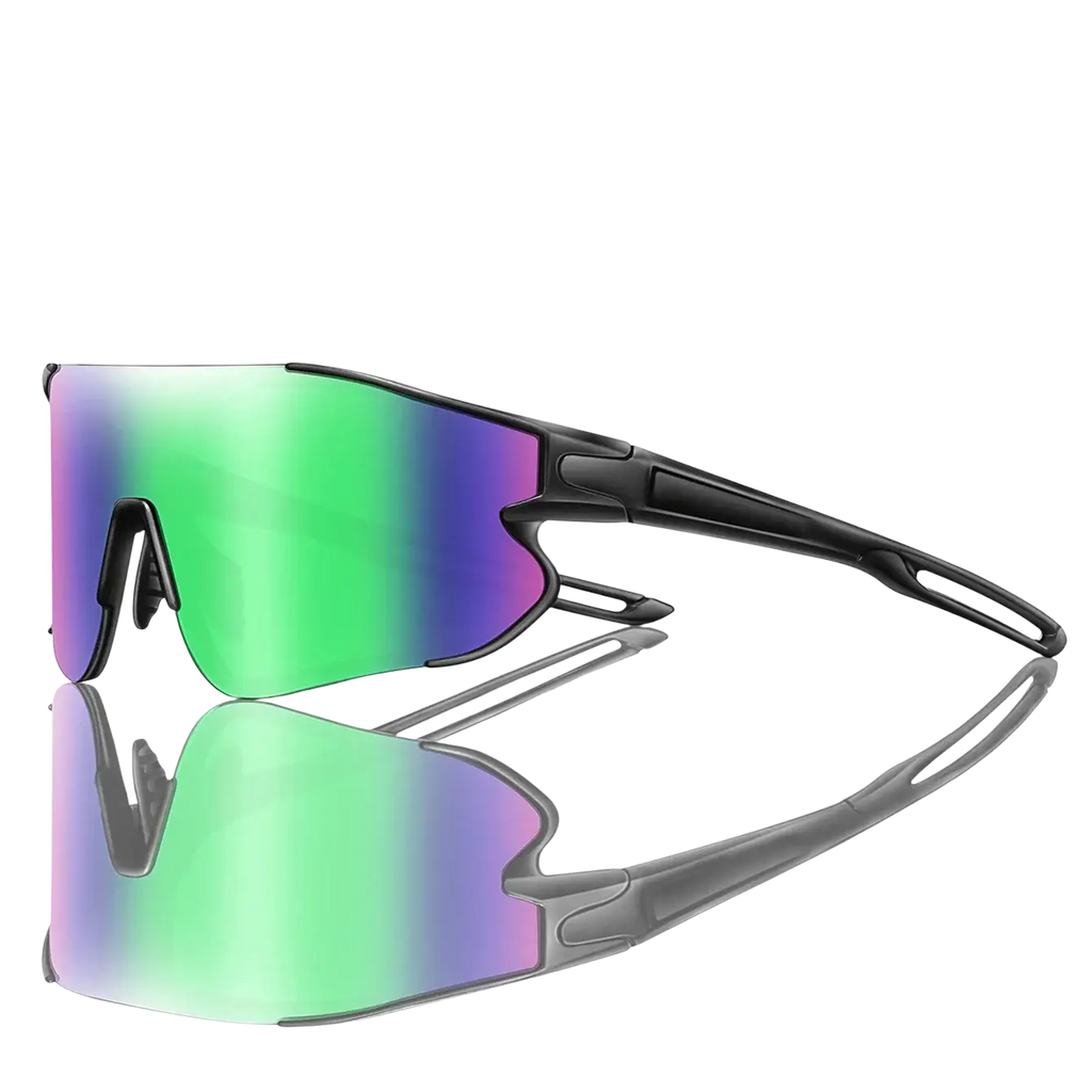 Black-framed outdoor sports sunglasses with gradient green and purple reflective lenses for cycling eyewear