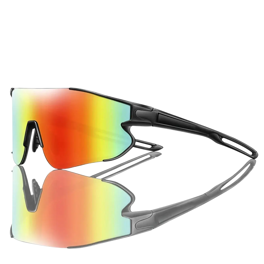 Outdoor sports sunglasses with black frames and vibrant red green blue gradient mirrored lenses for cycling